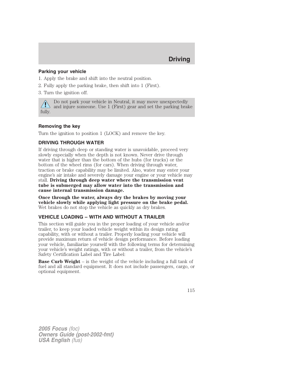 Driving | FORD 2005 Focus v.1 User Manual | Page 115 / 224