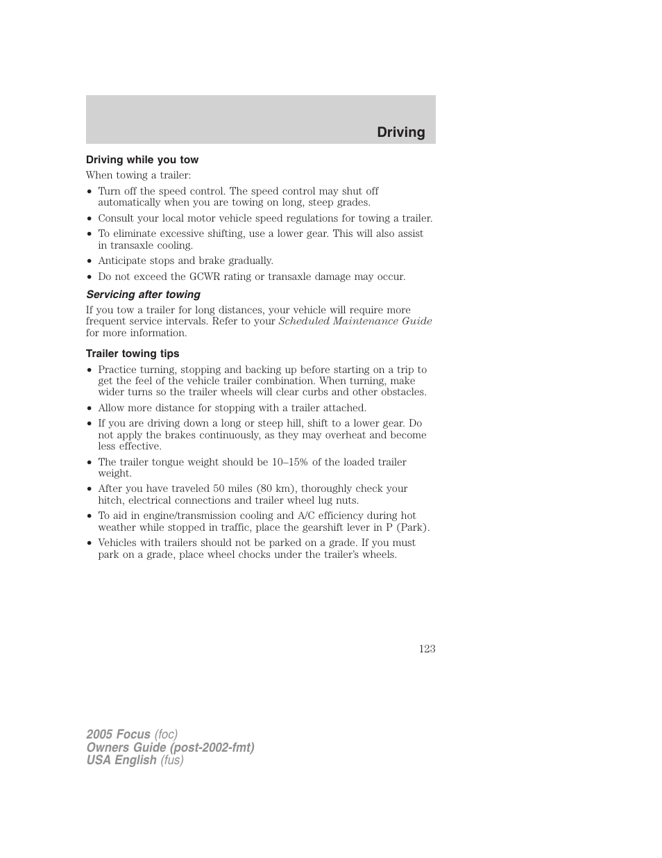 Driving | FORD 2005 Focus v.1 User Manual | Page 123 / 224