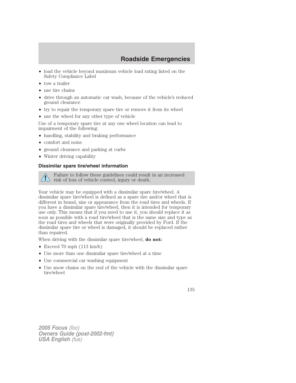 Roadside emergencies | FORD 2005 Focus v.1 User Manual | Page 135 / 224