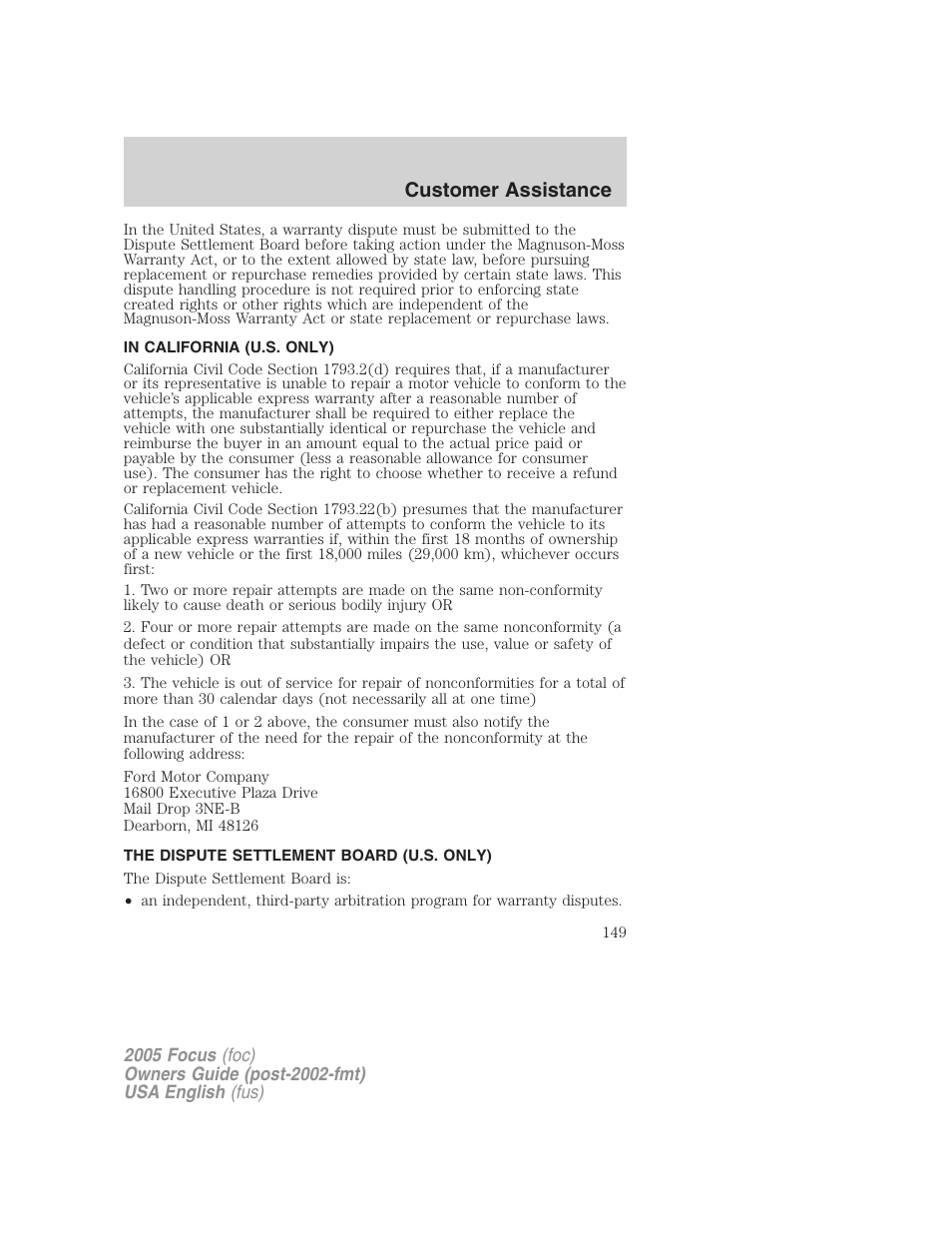 Customer assistance | FORD 2005 Focus v.1 User Manual | Page 149 / 224