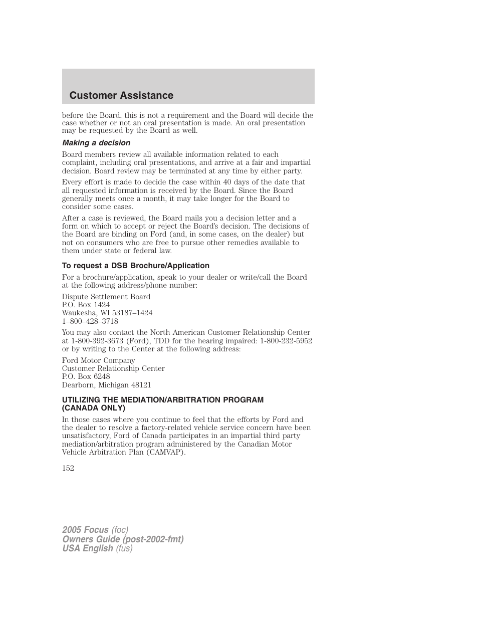 Customer assistance | FORD 2005 Focus v.1 User Manual | Page 152 / 224