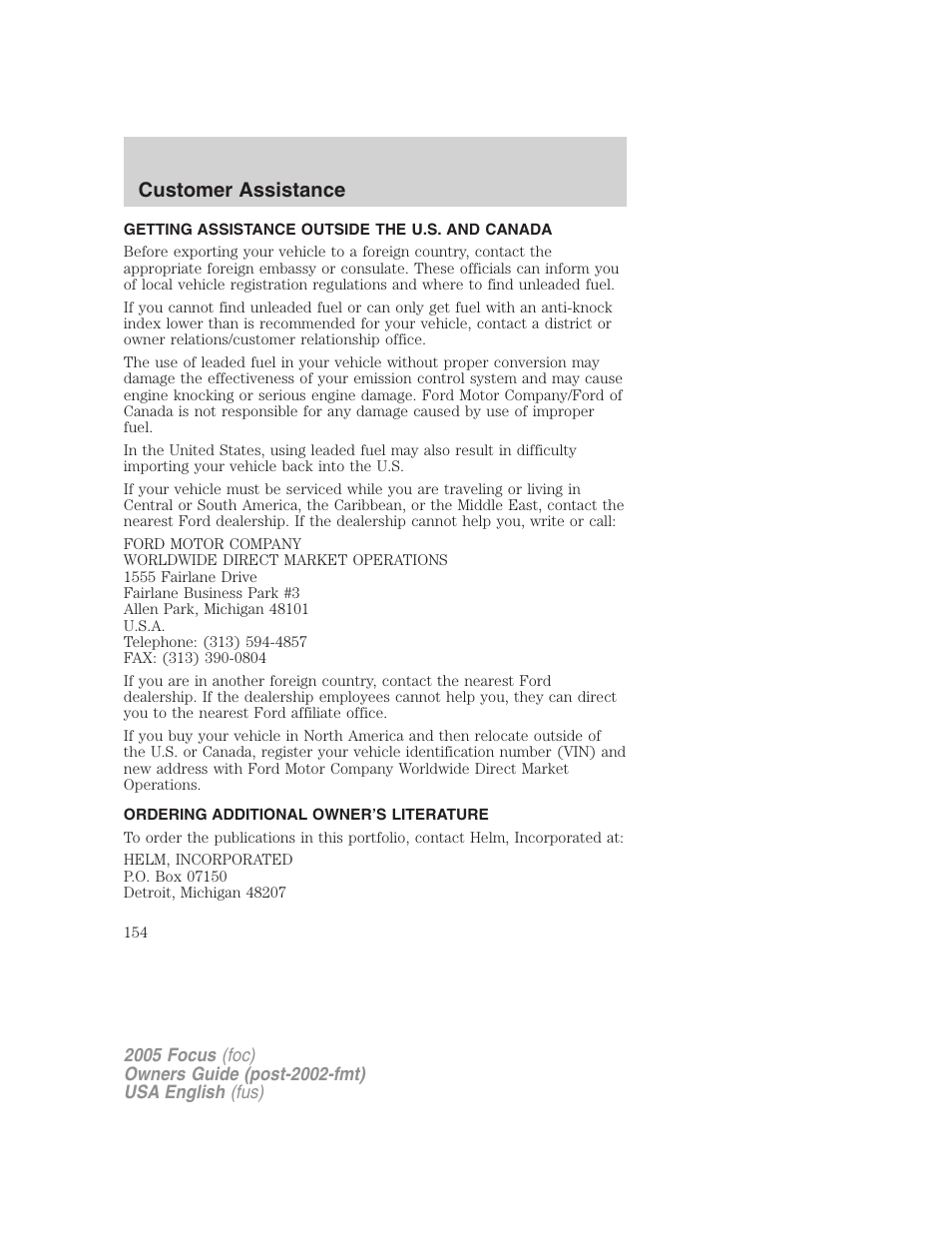 Customer assistance | FORD 2005 Focus v.1 User Manual | Page 154 / 224