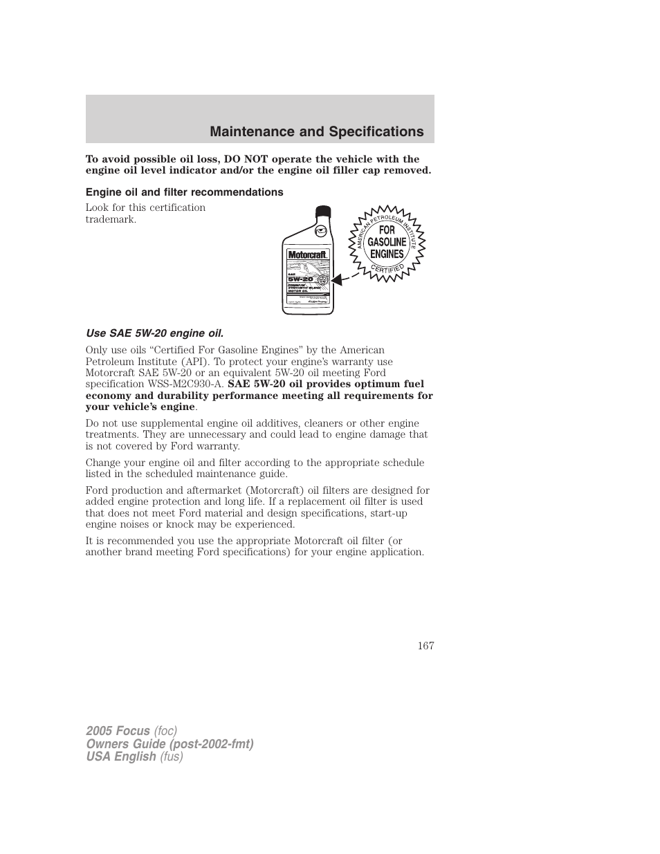 Maintenance and specifications | FORD 2005 Focus v.1 User Manual | Page 167 / 224