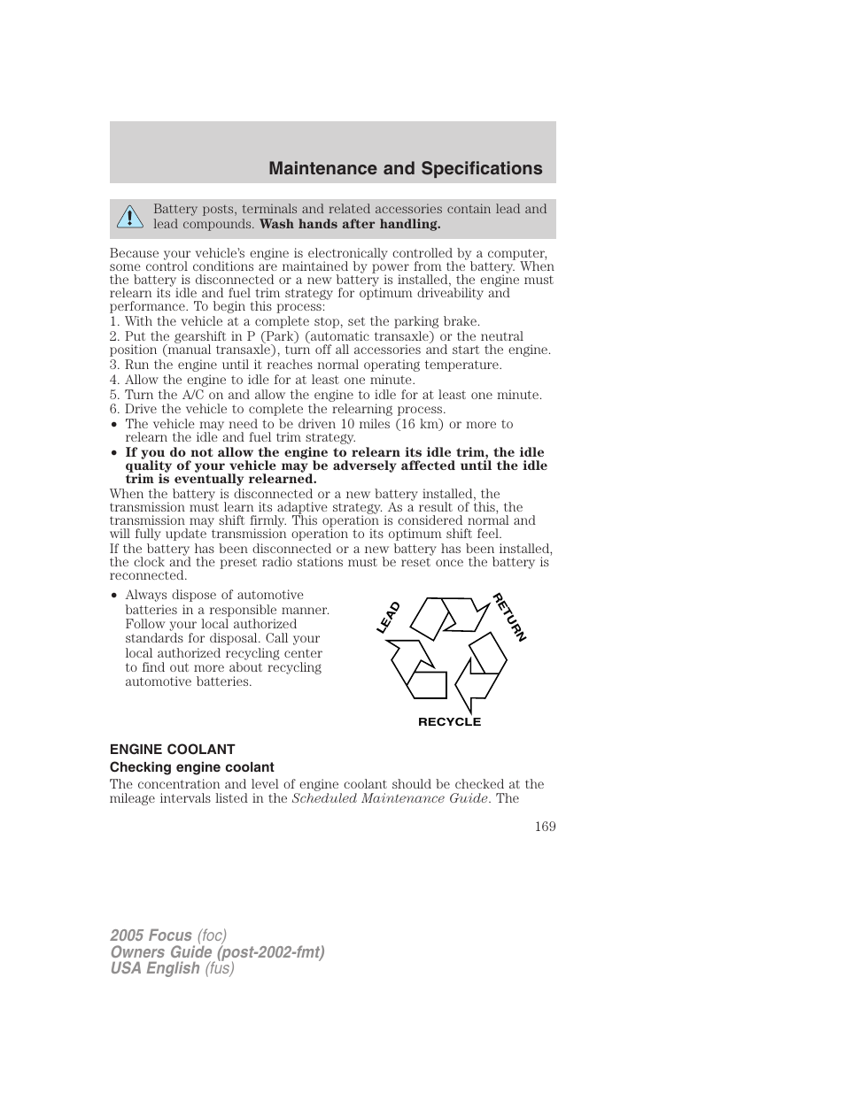 Maintenance and specifications | FORD 2005 Focus v.1 User Manual | Page 169 / 224