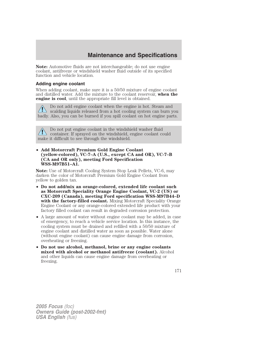 Maintenance and specifications | FORD 2005 Focus v.1 User Manual | Page 171 / 224