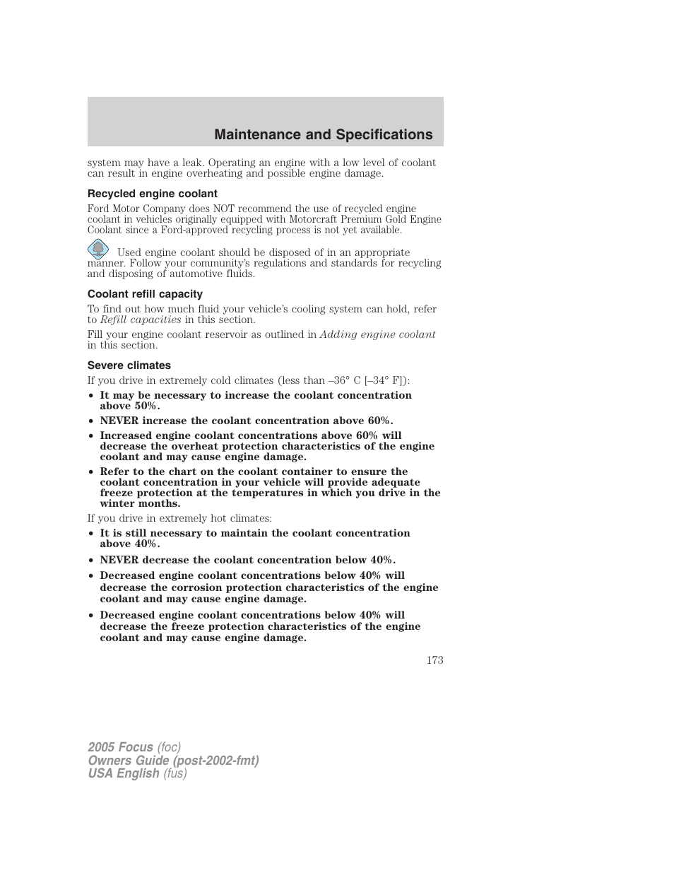 Maintenance and specifications | FORD 2005 Focus v.1 User Manual | Page 173 / 224