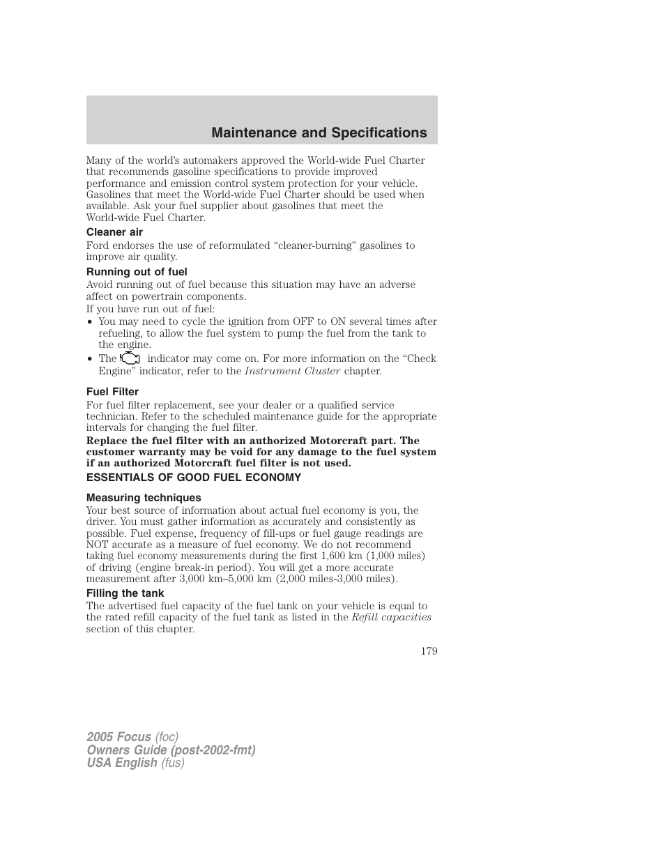 Maintenance and specifications | FORD 2005 Focus v.1 User Manual | Page 179 / 224