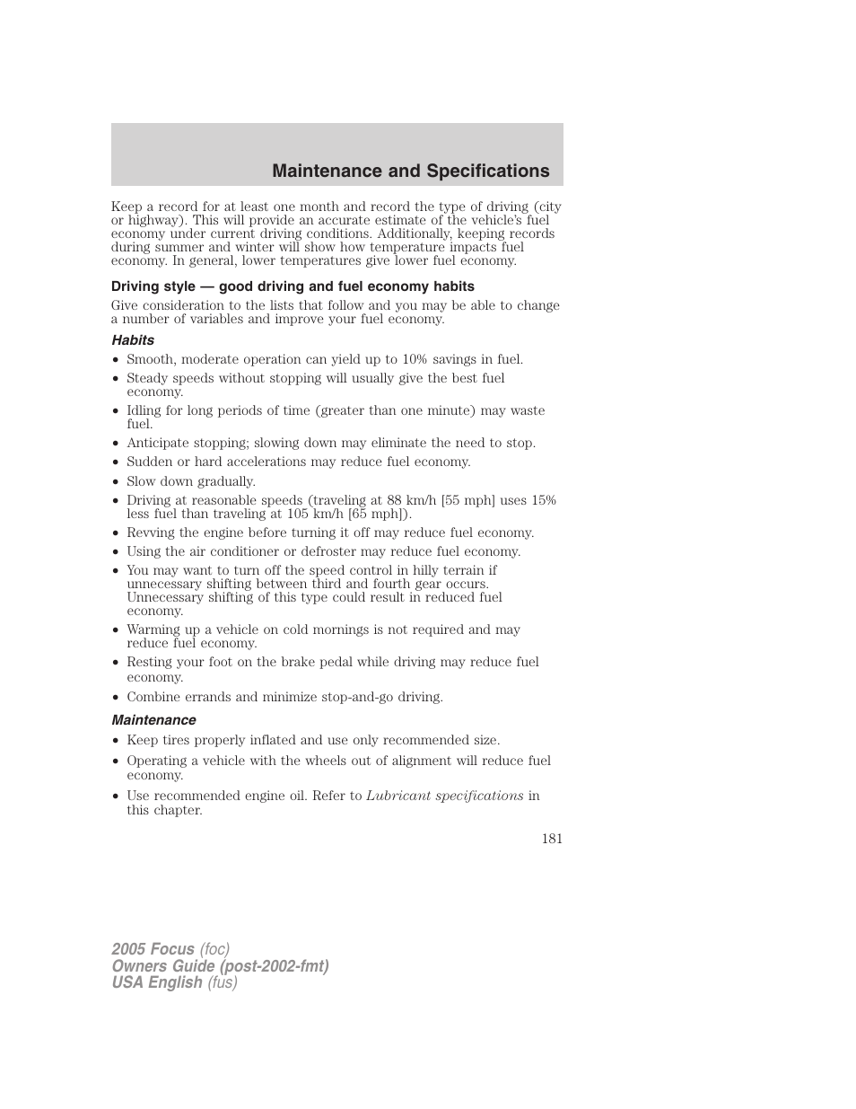 Maintenance and specifications | FORD 2005 Focus v.1 User Manual | Page 181 / 224