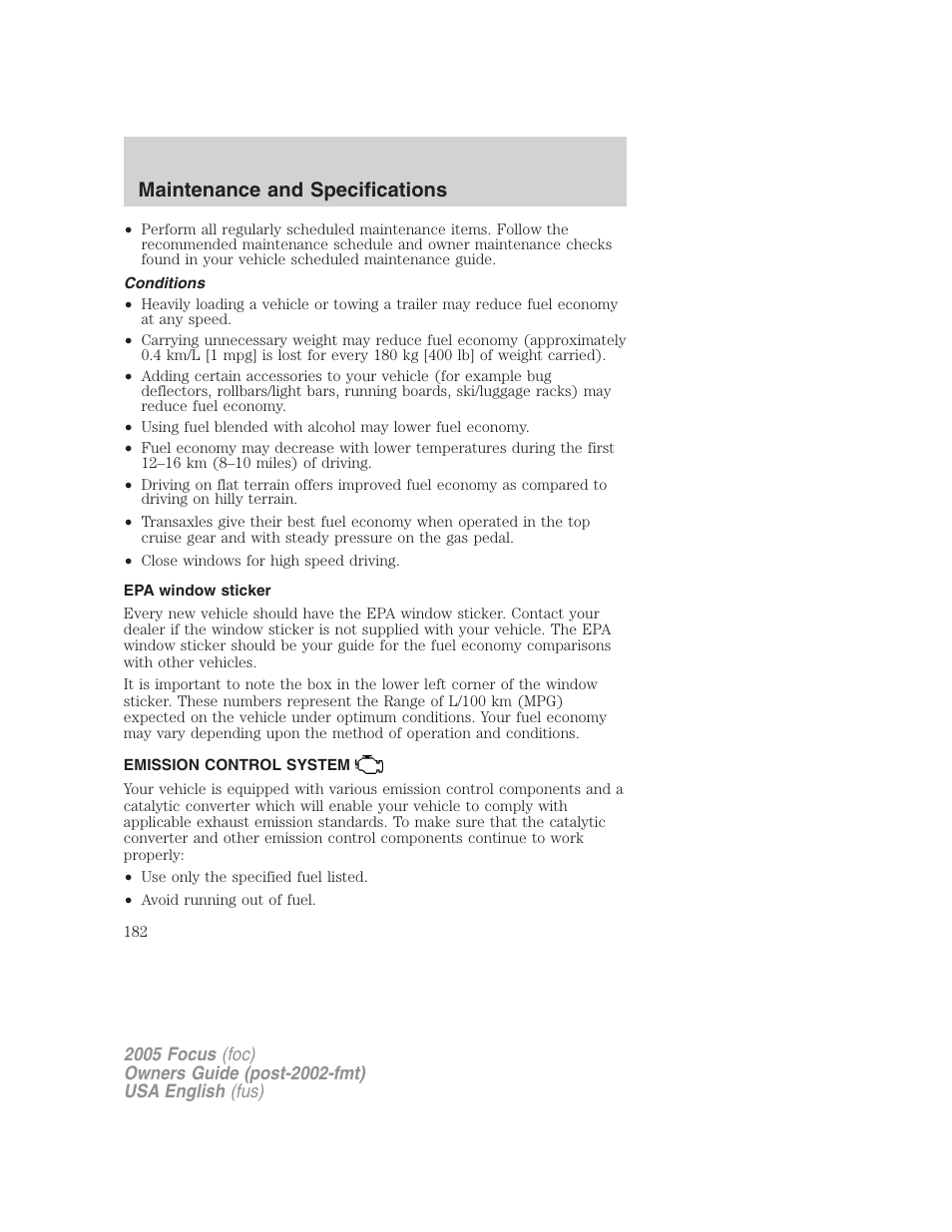 Maintenance and specifications | FORD 2005 Focus v.1 User Manual | Page 182 / 224