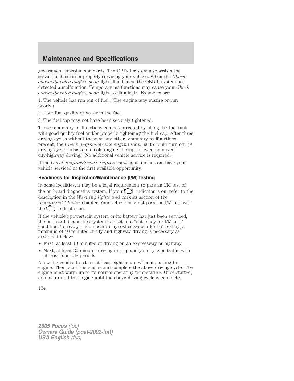 Maintenance and specifications | FORD 2005 Focus v.1 User Manual | Page 184 / 224