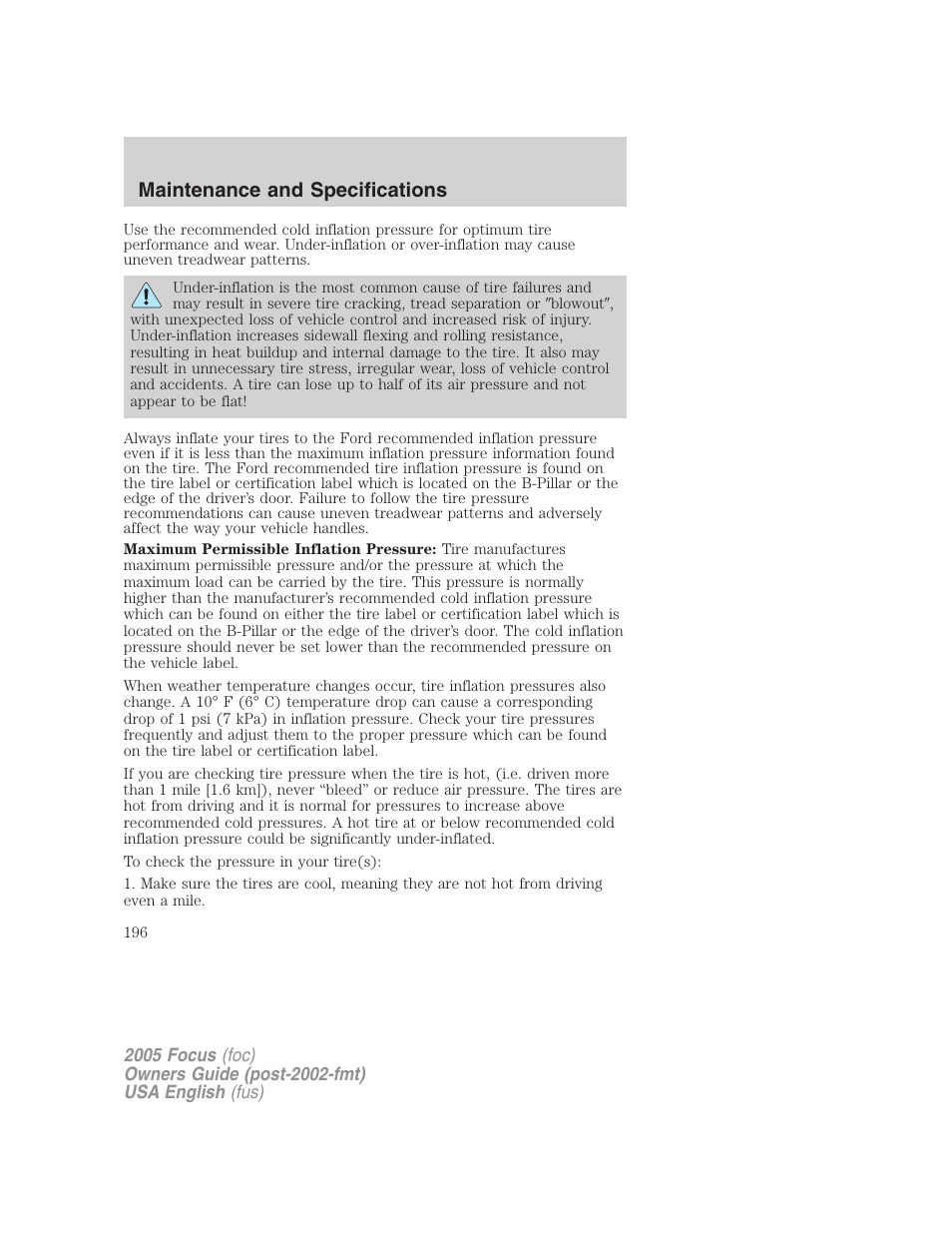 Maintenance and specifications | FORD 2005 Focus v.1 User Manual | Page 196 / 224