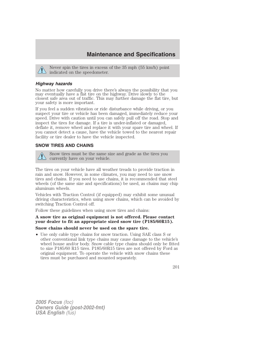 Maintenance and specifications | FORD 2005 Focus v.1 User Manual | Page 201 / 224