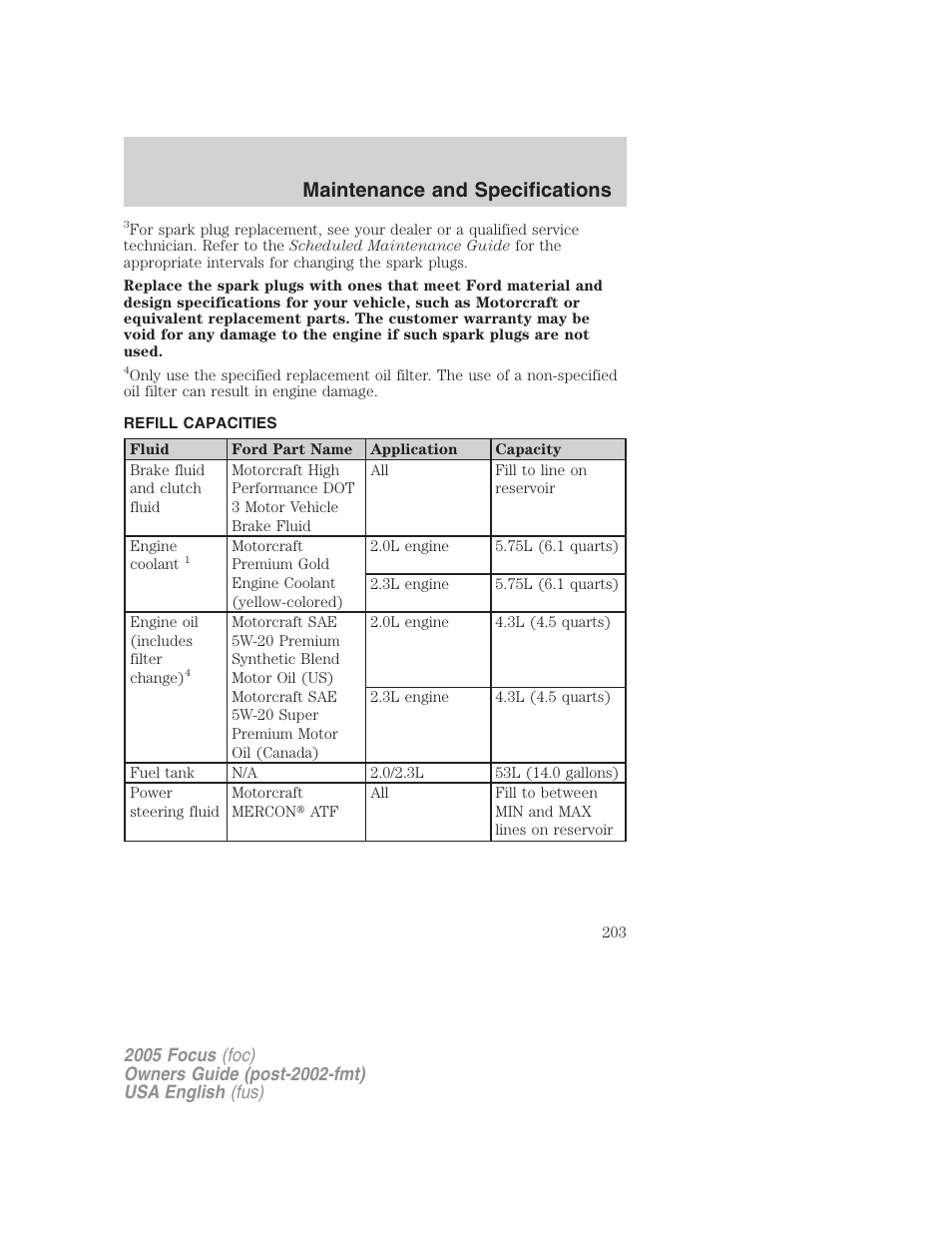 Maintenance and specifications | FORD 2005 Focus v.1 User Manual | Page 203 / 224