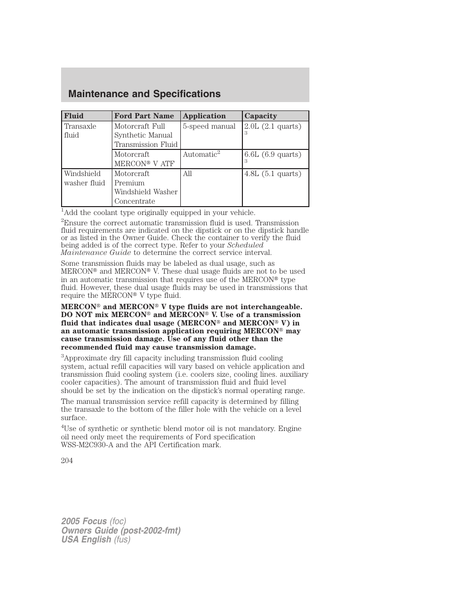 Maintenance and specifications | FORD 2005 Focus v.1 User Manual | Page 204 / 224