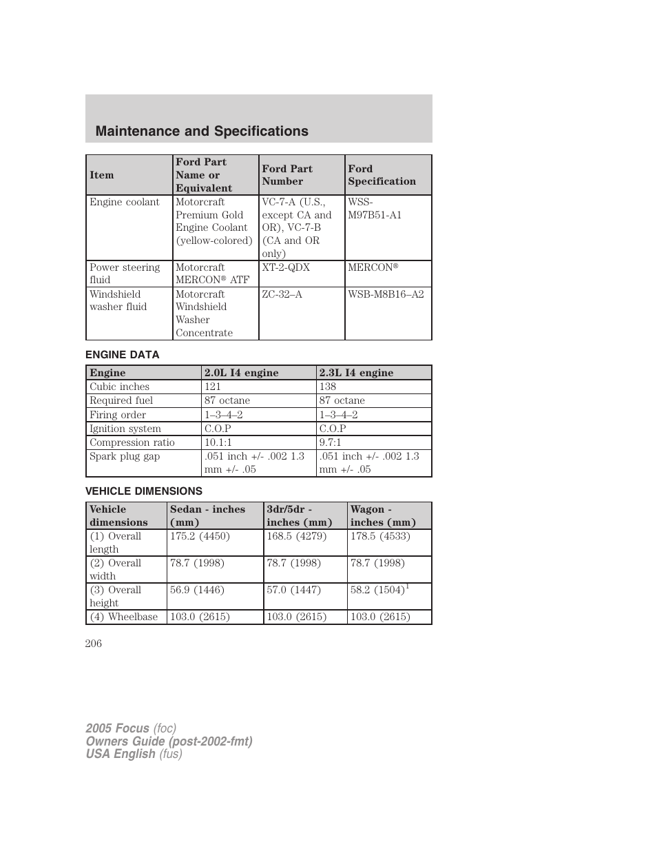 Maintenance and specifications | FORD 2005 Focus v.1 User Manual | Page 206 / 224