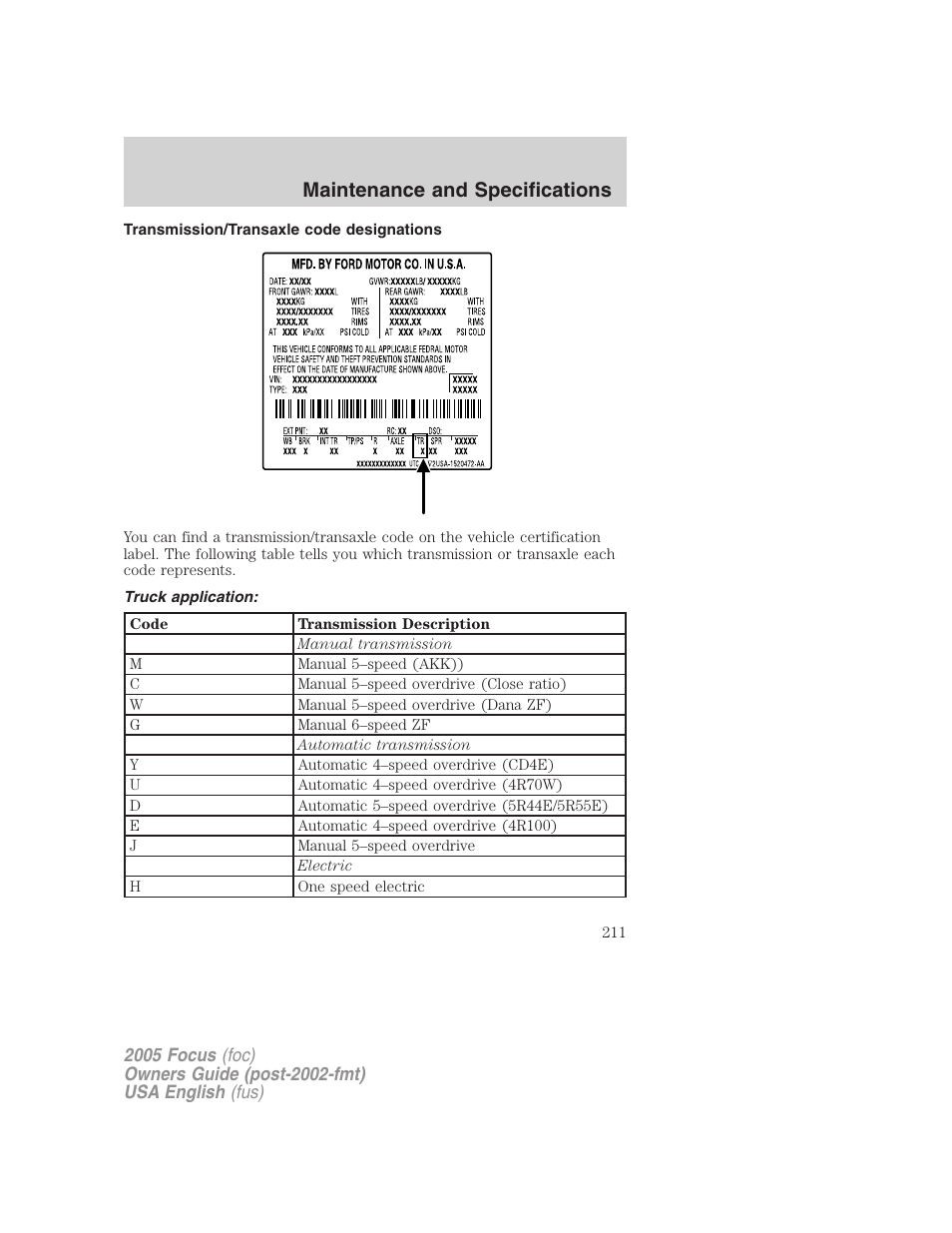Maintenance and specifications | FORD 2005 Focus v.1 User Manual | Page 211 / 224