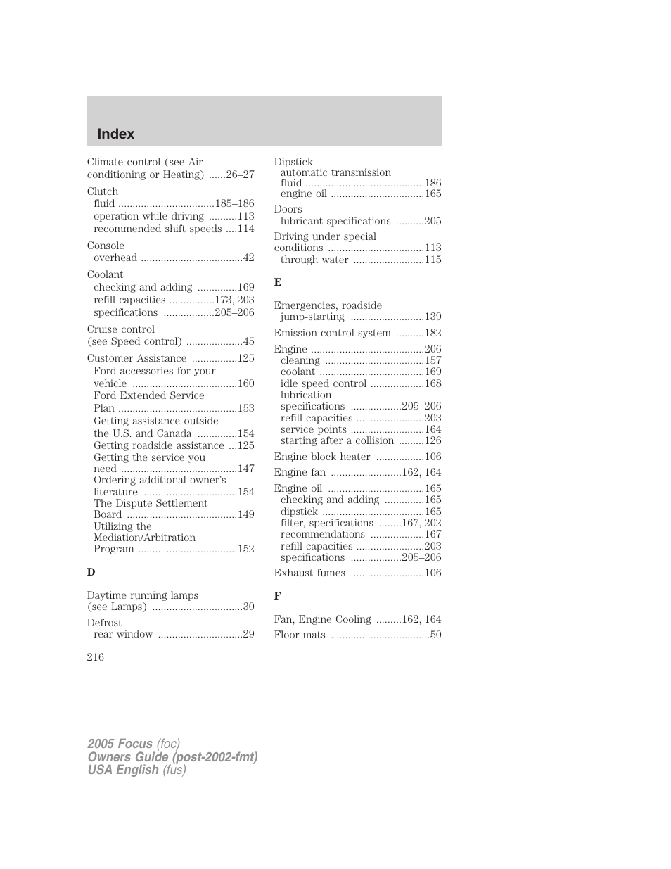 Index | FORD 2005 Focus v.1 User Manual | Page 216 / 224