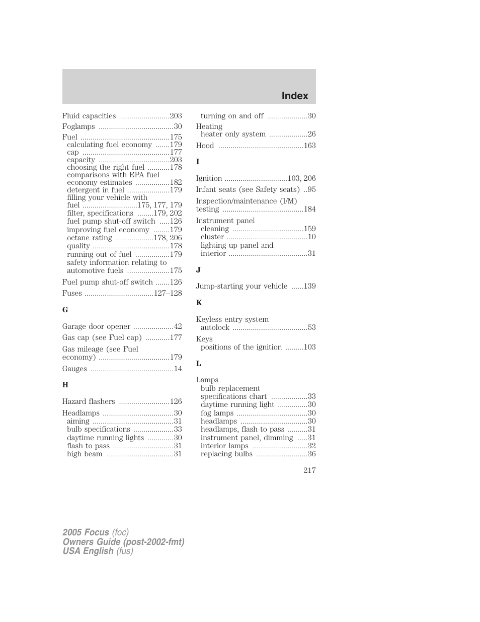 Index | FORD 2005 Focus v.1 User Manual | Page 217 / 224