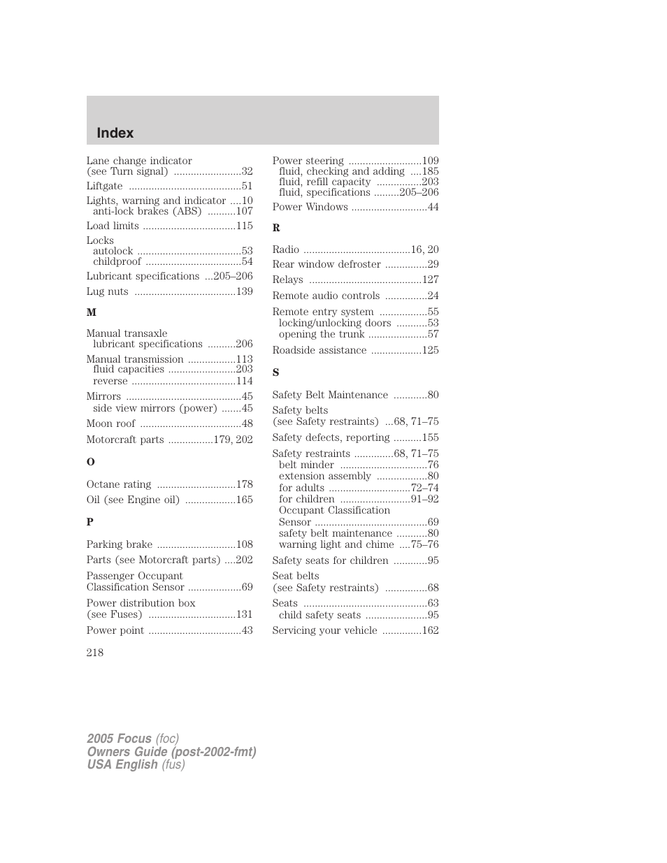 Index | FORD 2005 Focus v.1 User Manual | Page 218 / 224