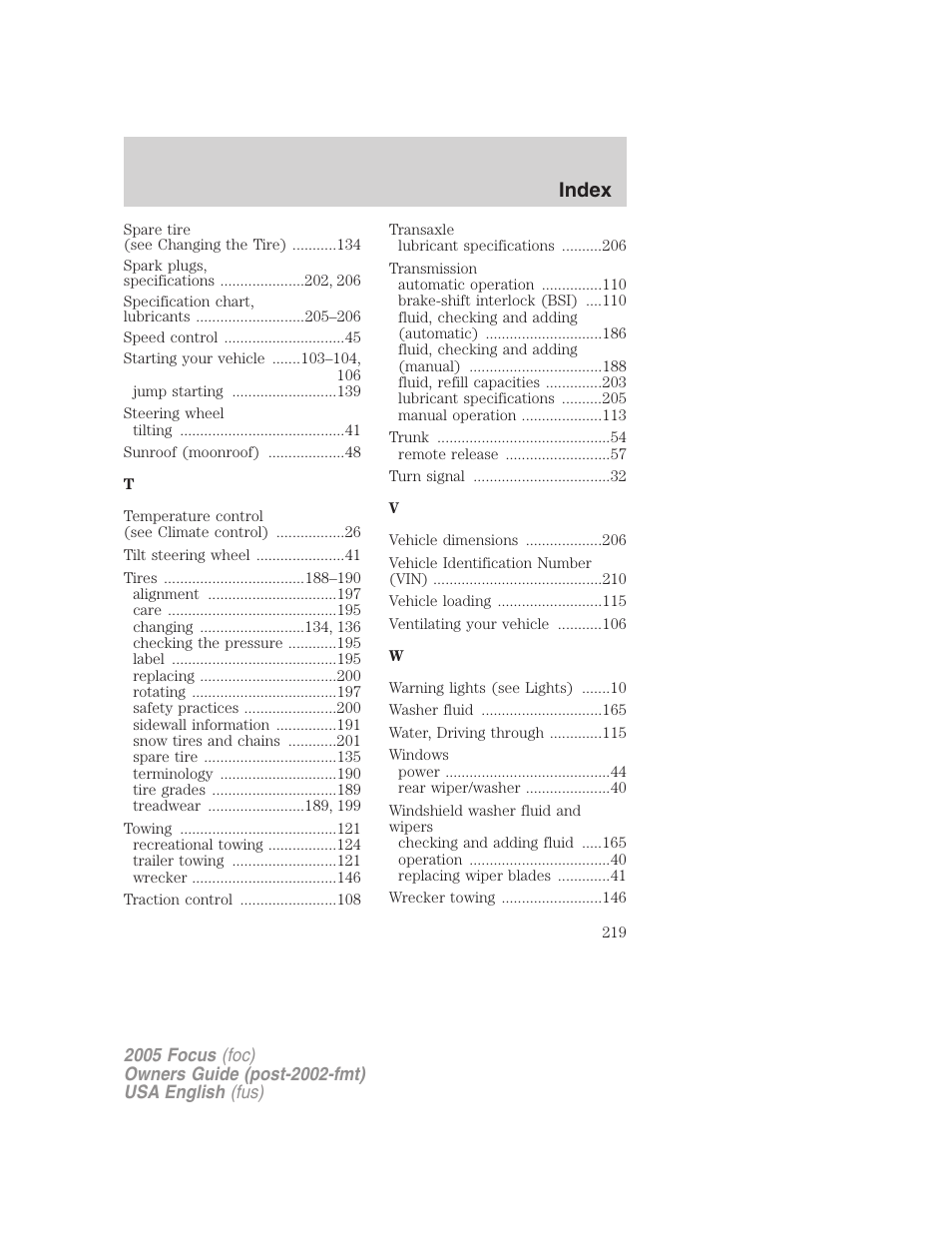 Index | FORD 2005 Focus v.1 User Manual | Page 219 / 224