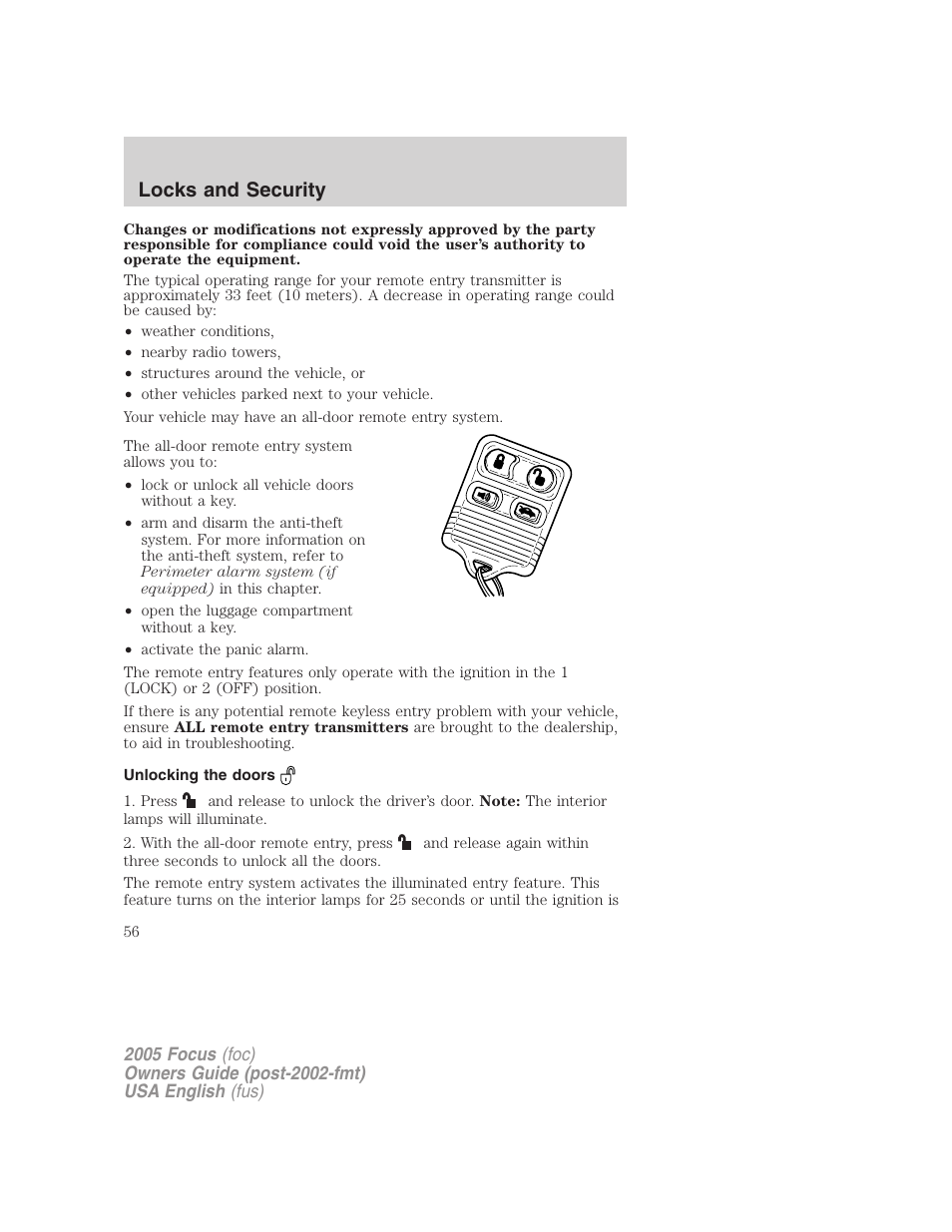 Locks and security | FORD 2005 Focus v.1 User Manual | Page 56 / 224