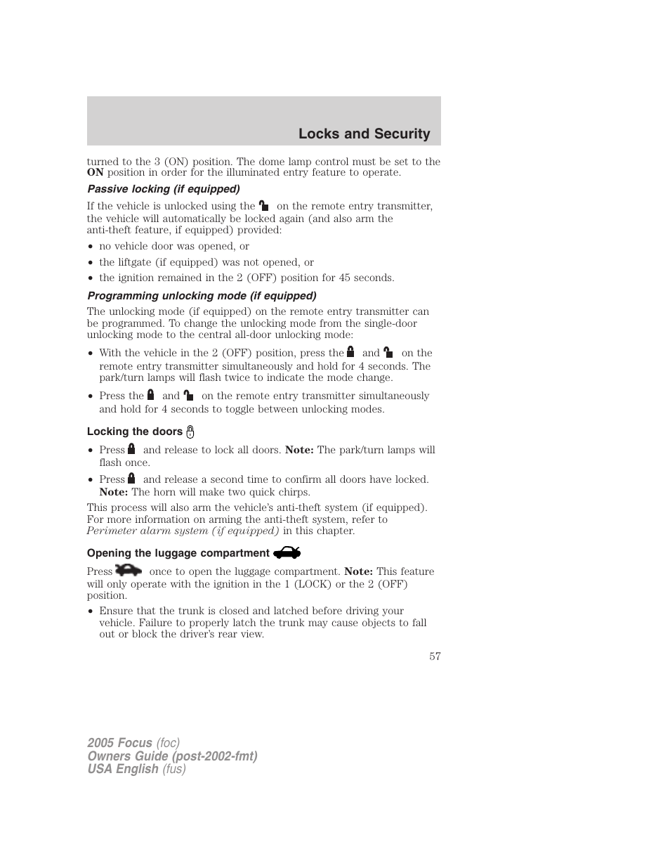 Locks and security | FORD 2005 Focus v.1 User Manual | Page 57 / 224