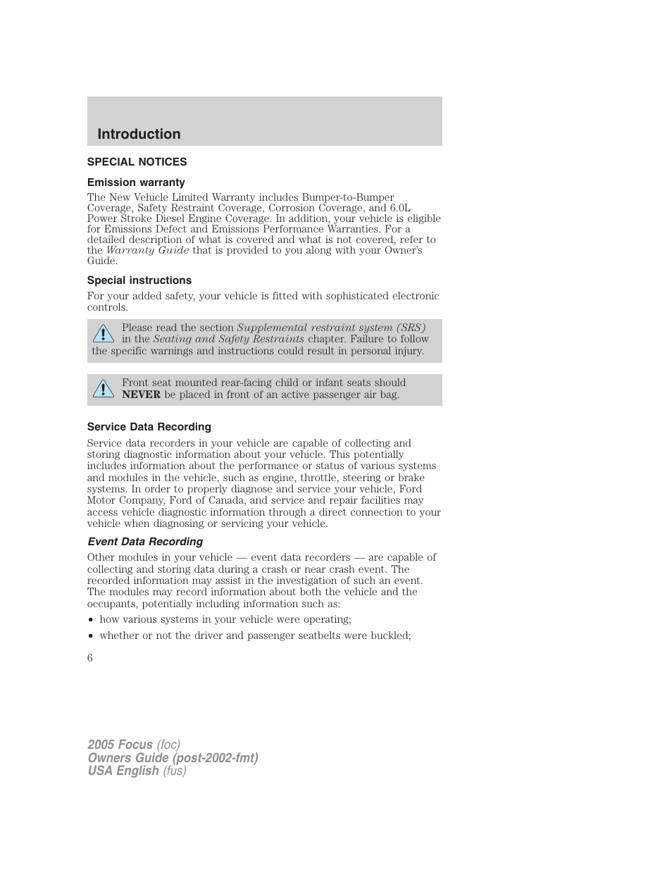 Introduction | FORD 2005 Focus v.1 User Manual | Page 6 / 224