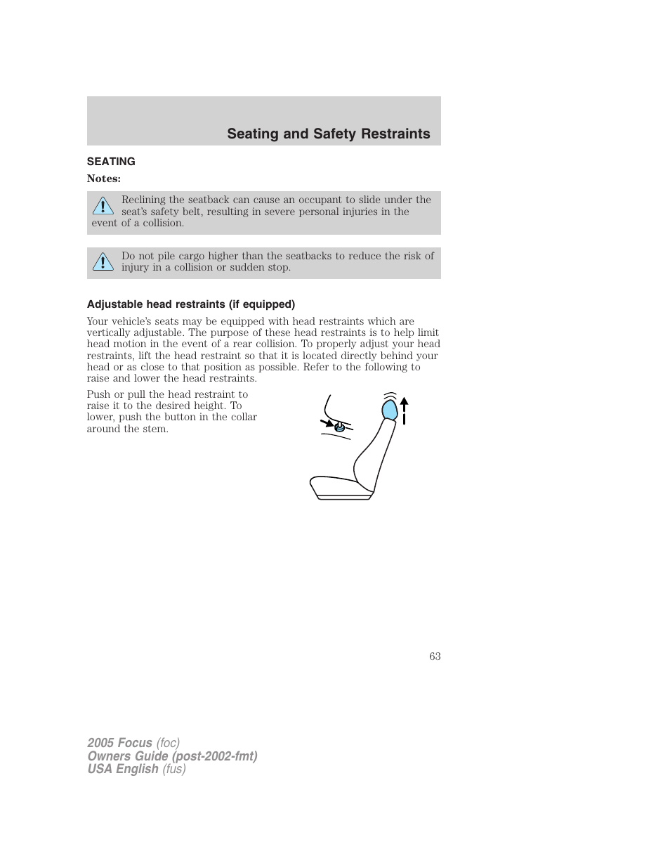 Seating and safety restraints | FORD 2005 Focus v.1 User Manual | Page 63 / 224