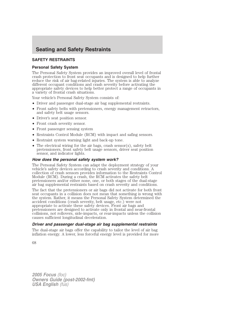 Seating and safety restraints | FORD 2005 Focus v.1 User Manual | Page 68 / 224