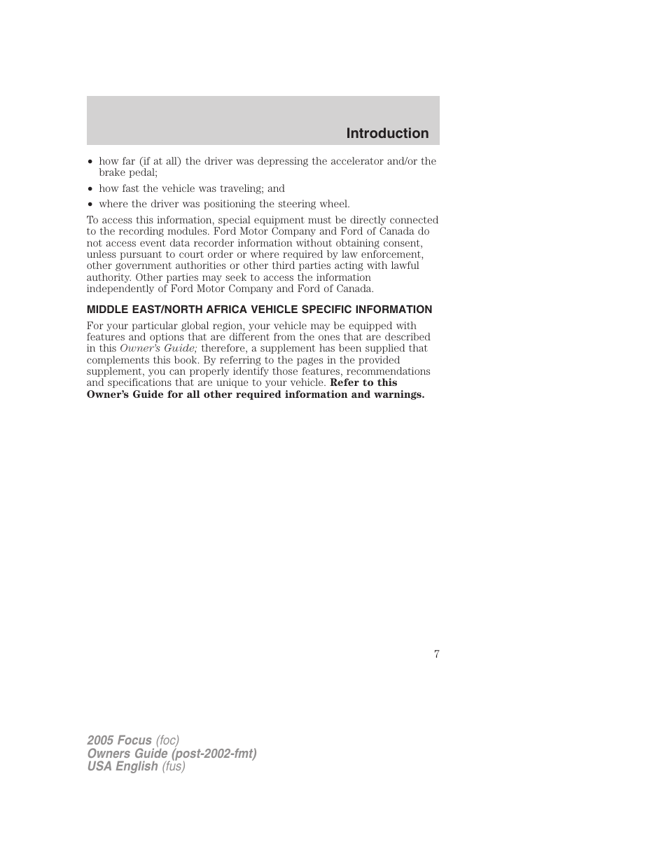 Introduction | FORD 2005 Focus v.1 User Manual | Page 7 / 224