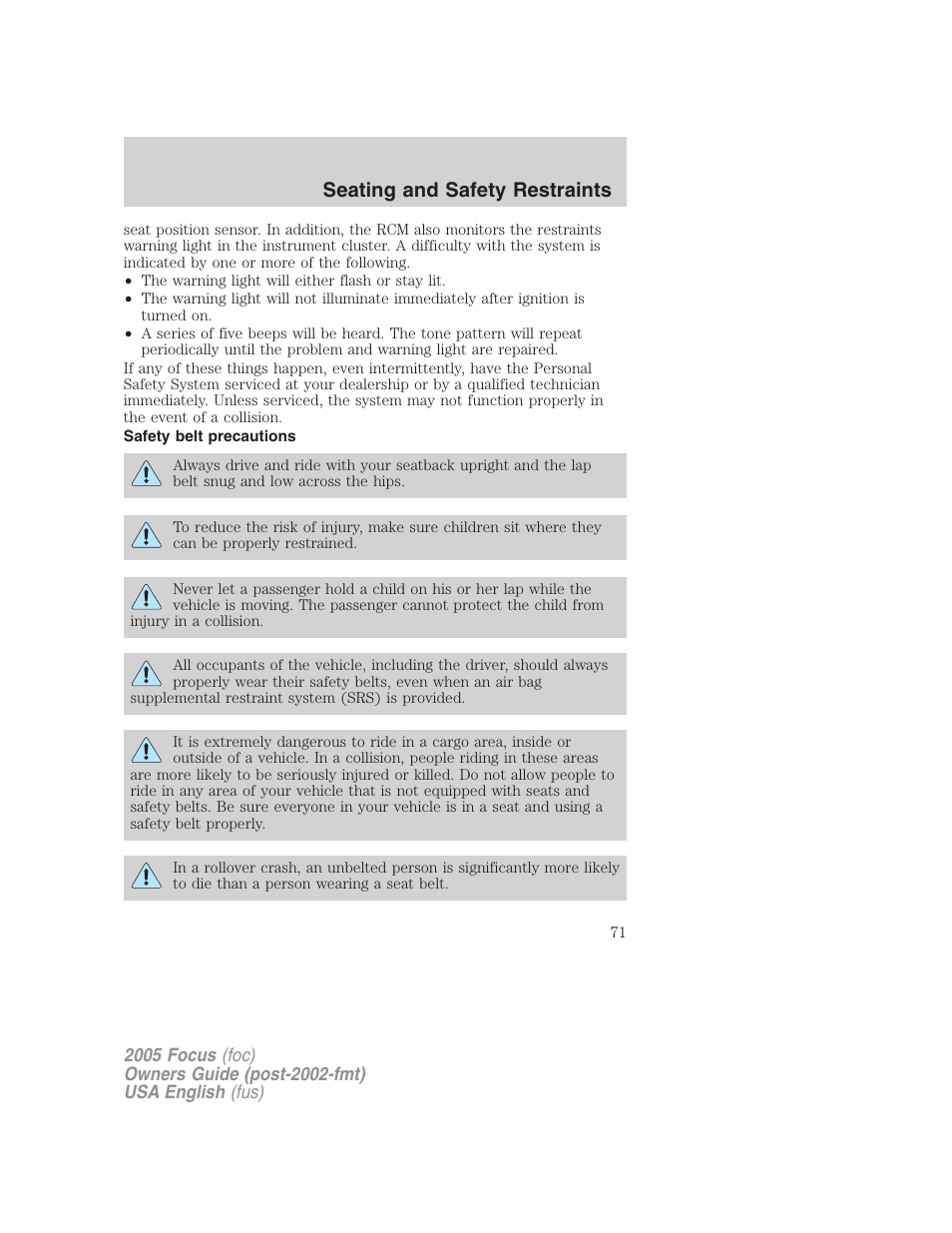 Seating and safety restraints | FORD 2005 Focus v.1 User Manual | Page 71 / 224