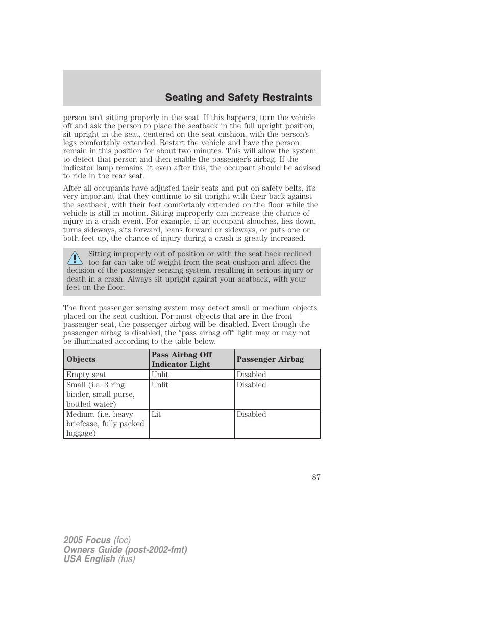 Seating and safety restraints | FORD 2005 Focus v.1 User Manual | Page 87 / 224