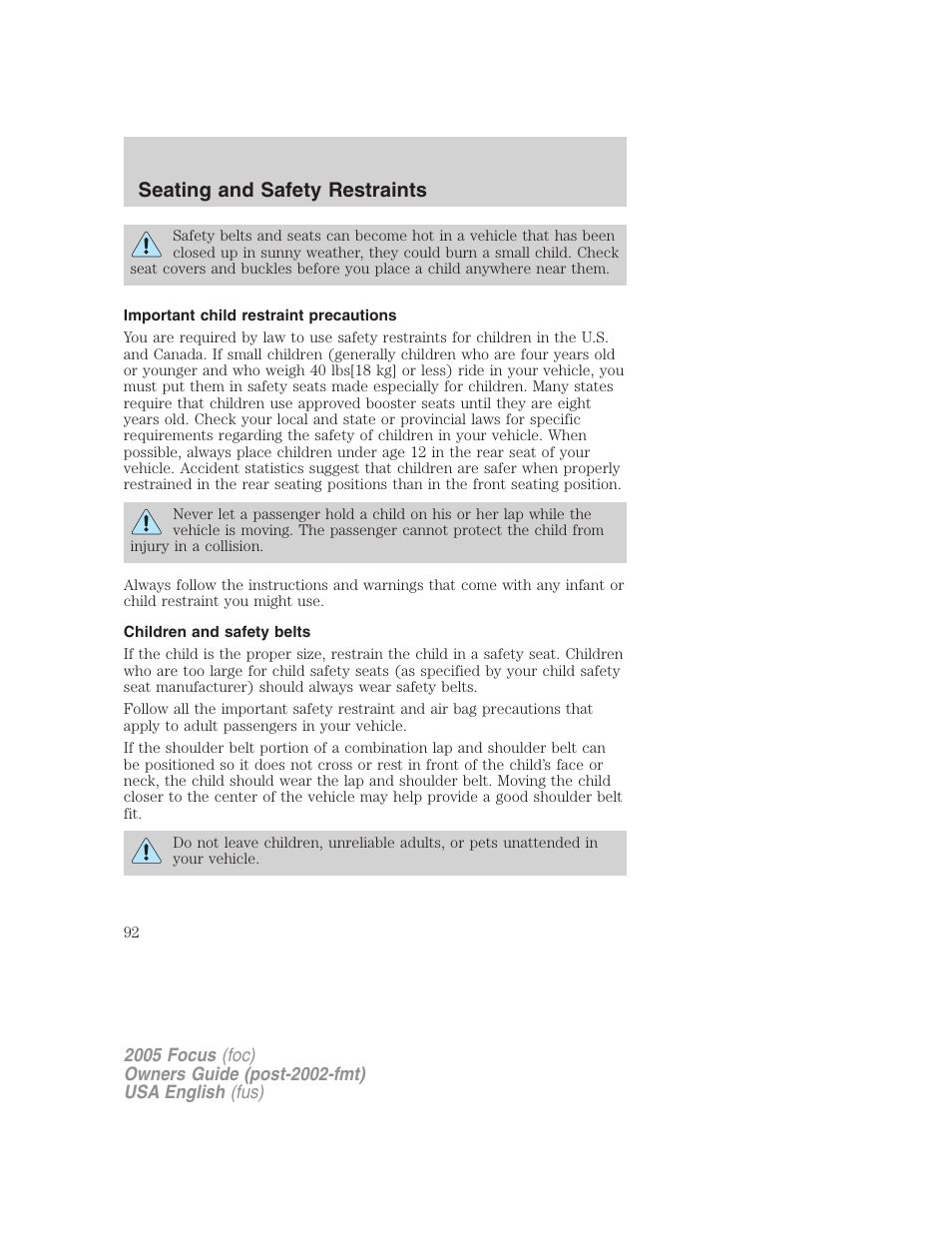 Seating and safety restraints | FORD 2005 Focus v.1 User Manual | Page 92 / 224