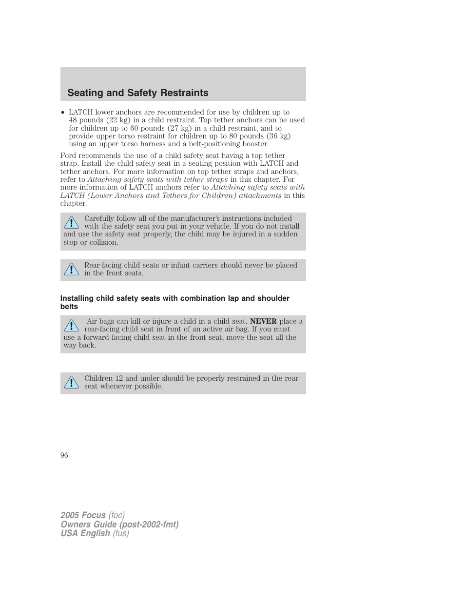 Seating and safety restraints | FORD 2005 Focus v.1 User Manual | Page 96 / 224