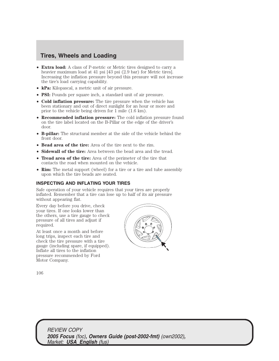 Tires, wheels and loading | FORD 2005 Focus v.2 User Manual | Page 106 / 224