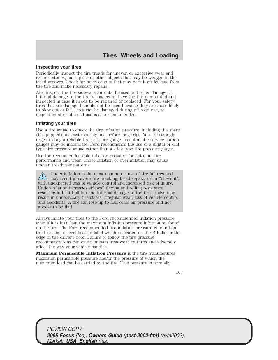 Tires, wheels and loading | FORD 2005 Focus v.2 User Manual | Page 107 / 224