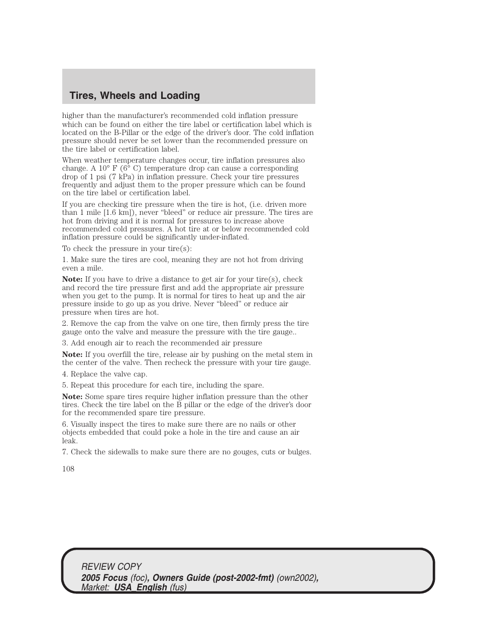 Tires, wheels and loading | FORD 2005 Focus v.2 User Manual | Page 108 / 224
