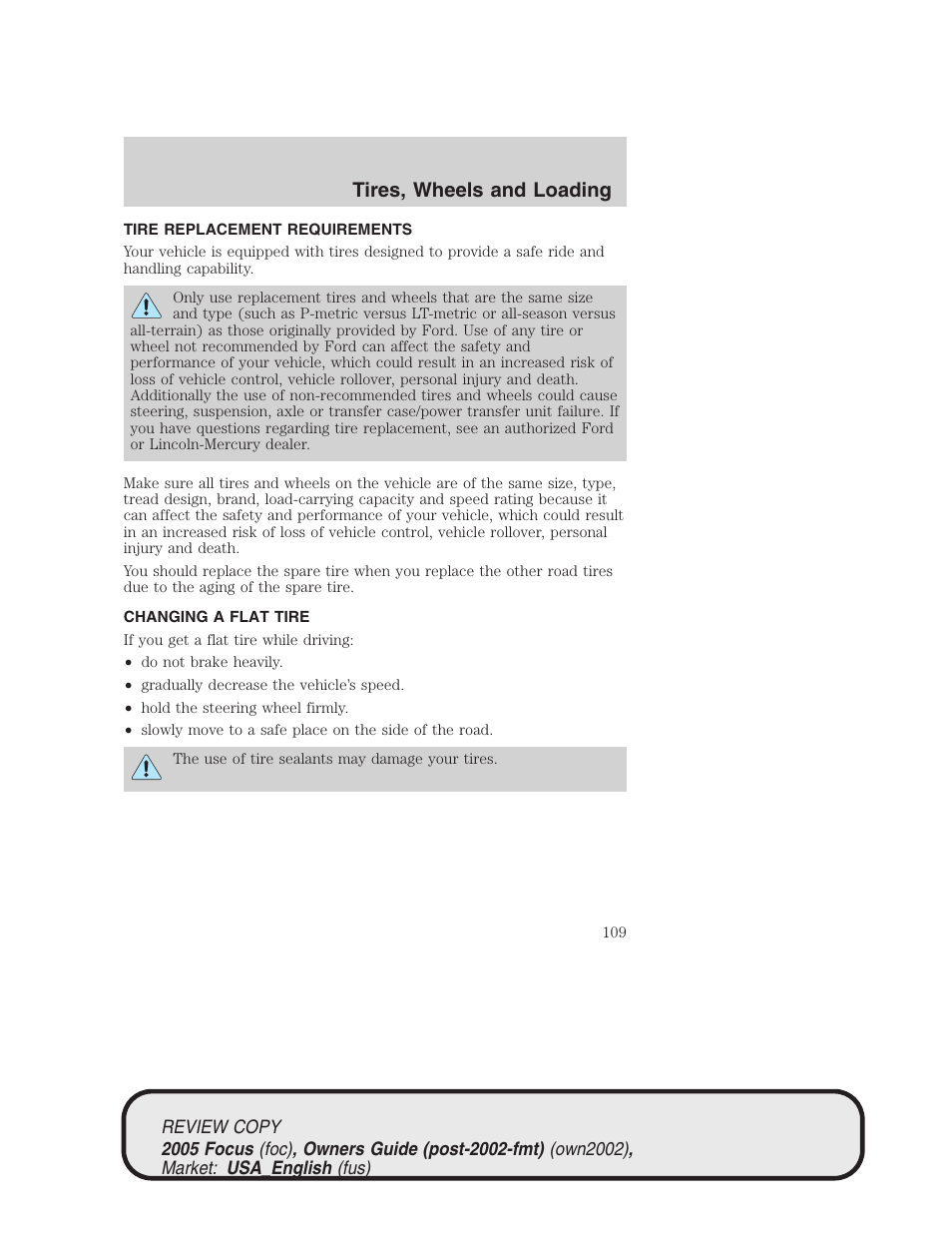 Tires, wheels and loading | FORD 2005 Focus v.2 User Manual | Page 109 / 224