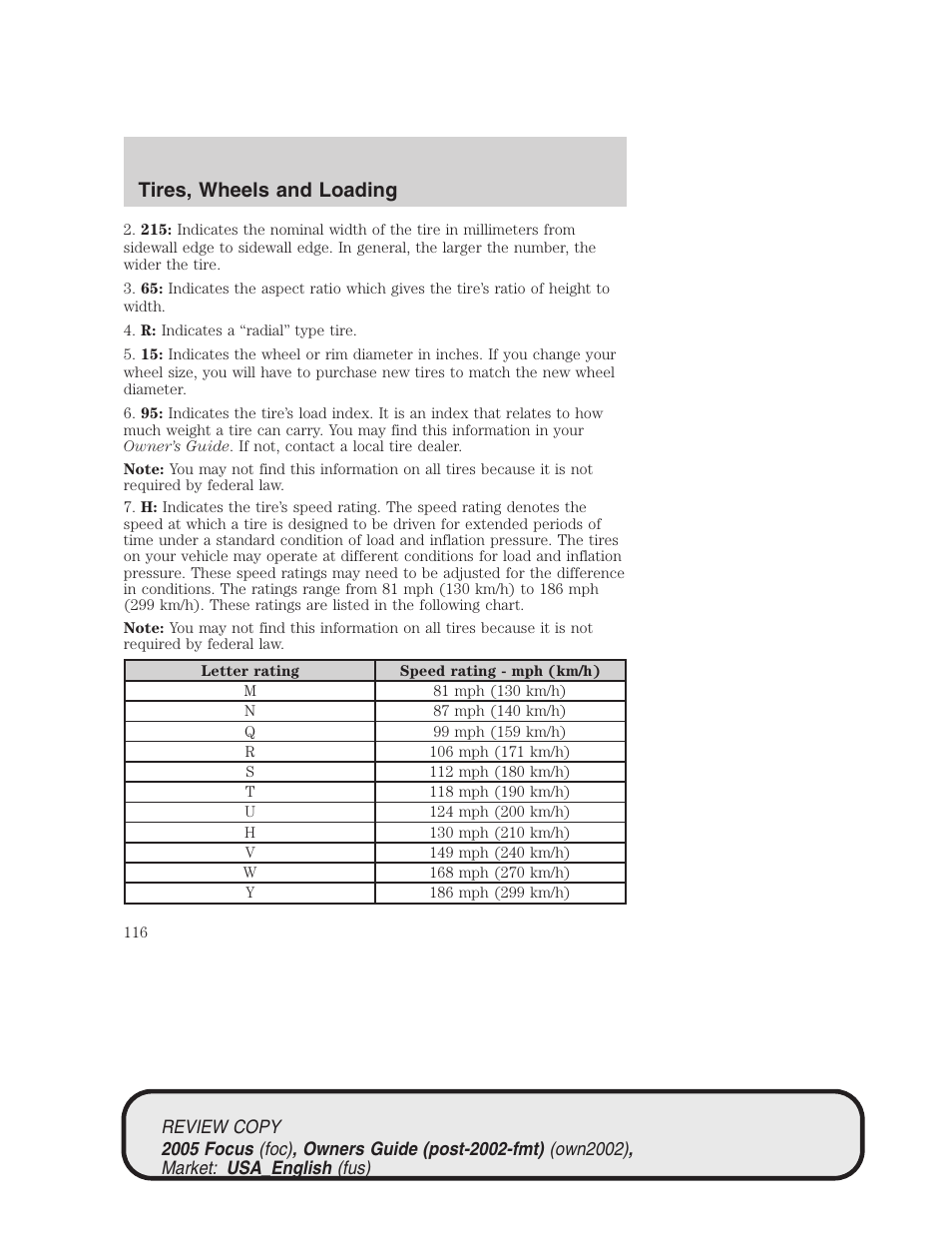 Tires, wheels and loading | FORD 2005 Focus v.2 User Manual | Page 116 / 224