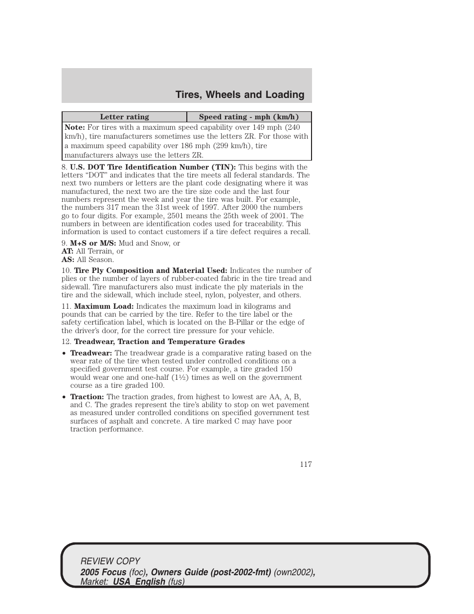 Tires, wheels and loading | FORD 2005 Focus v.2 User Manual | Page 117 / 224