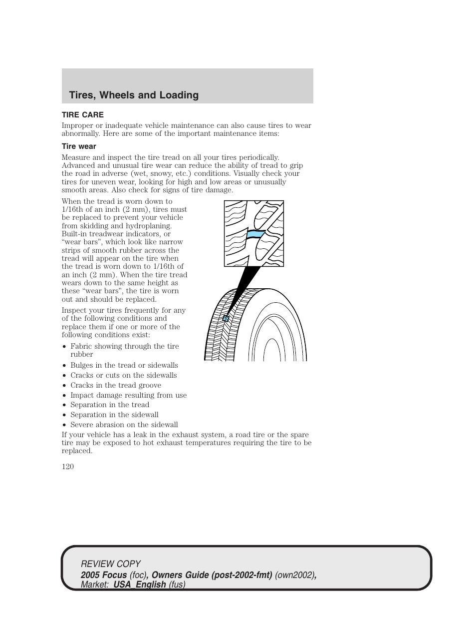 Tires, wheels and loading | FORD 2005 Focus v.2 User Manual | Page 120 / 224