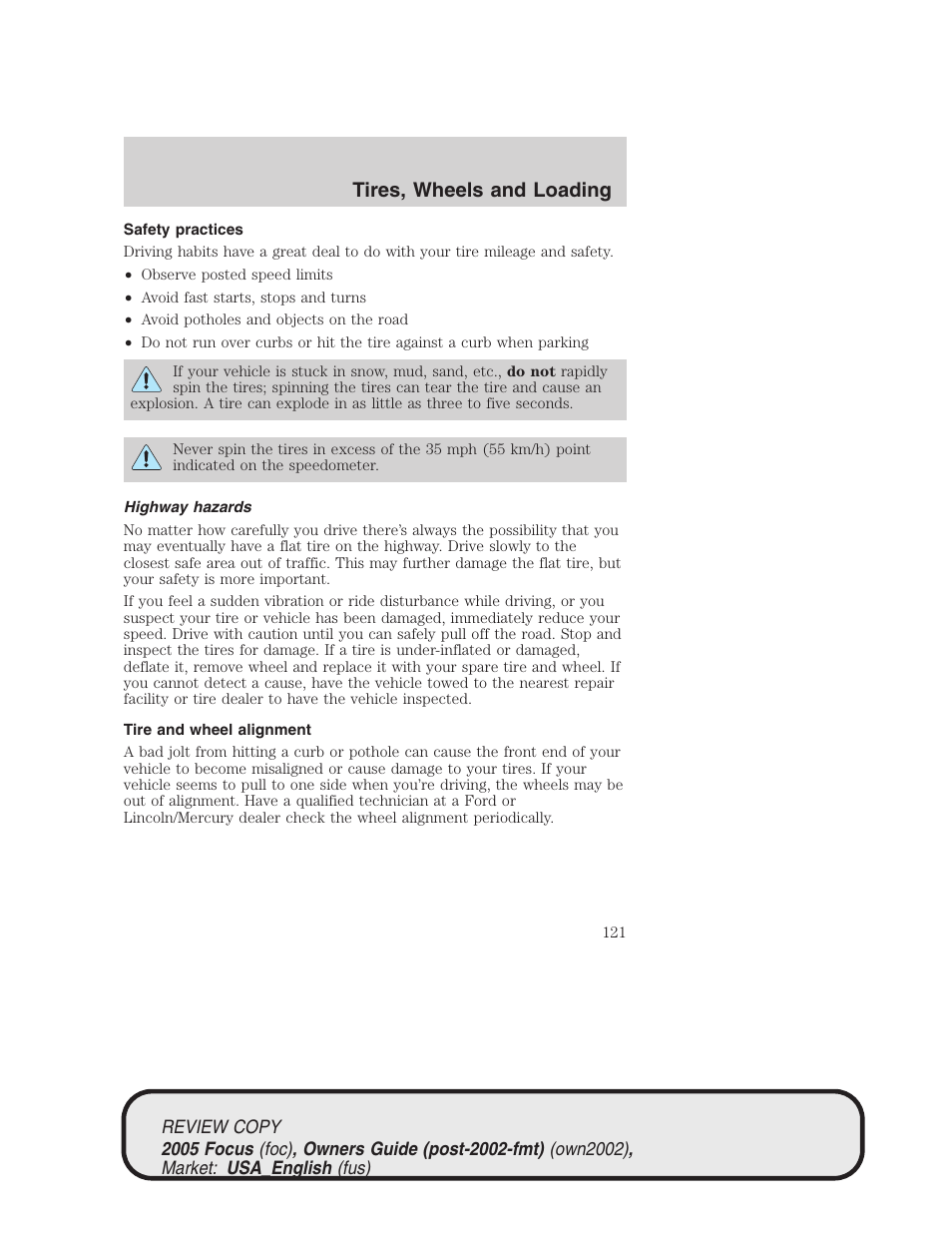 Tires, wheels and loading | FORD 2005 Focus v.2 User Manual | Page 121 / 224