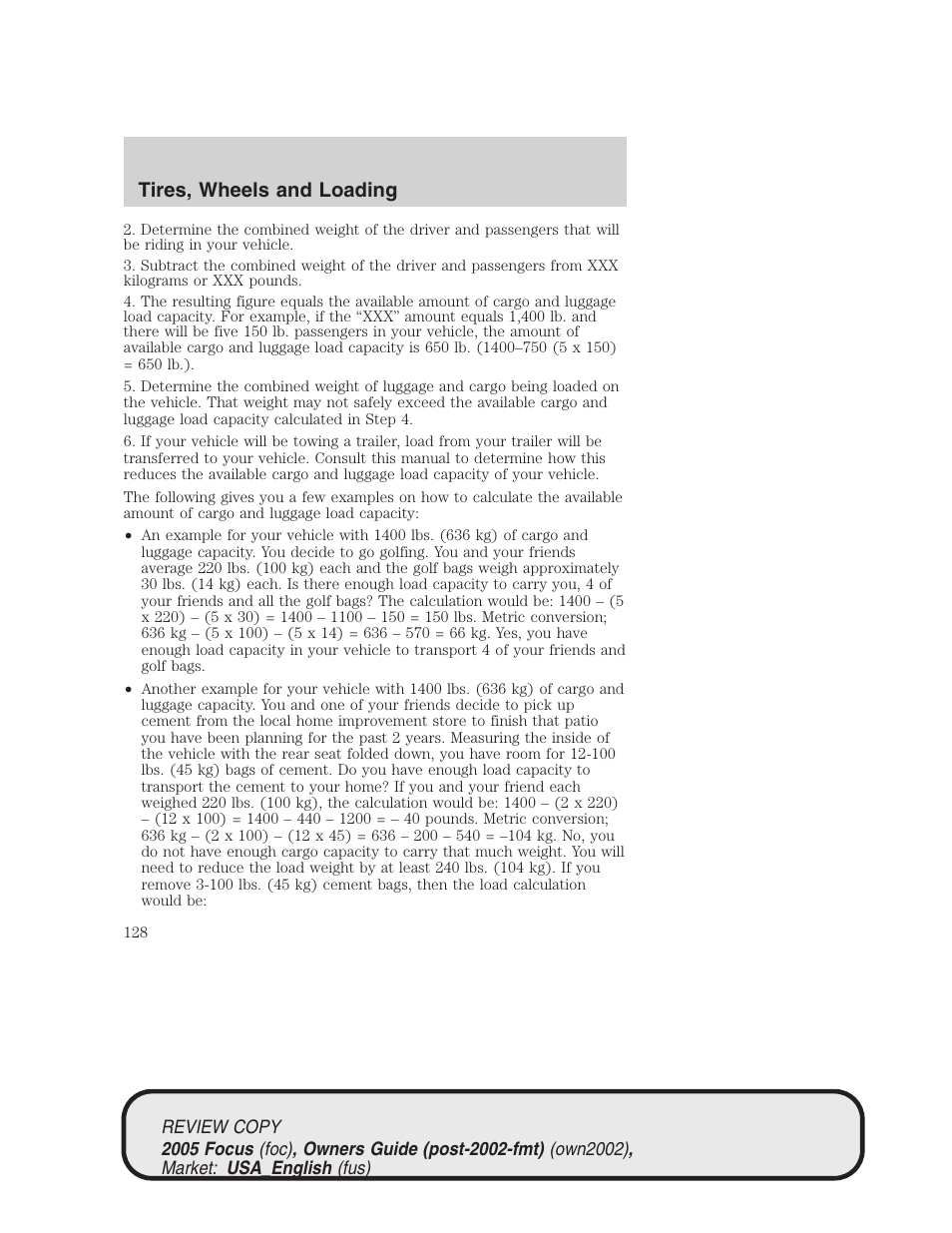 Tires, wheels and loading | FORD 2005 Focus v.2 User Manual | Page 128 / 224