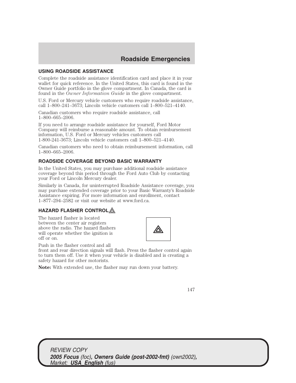 Roadside emergencies | FORD 2005 Focus v.2 User Manual | Page 147 / 224