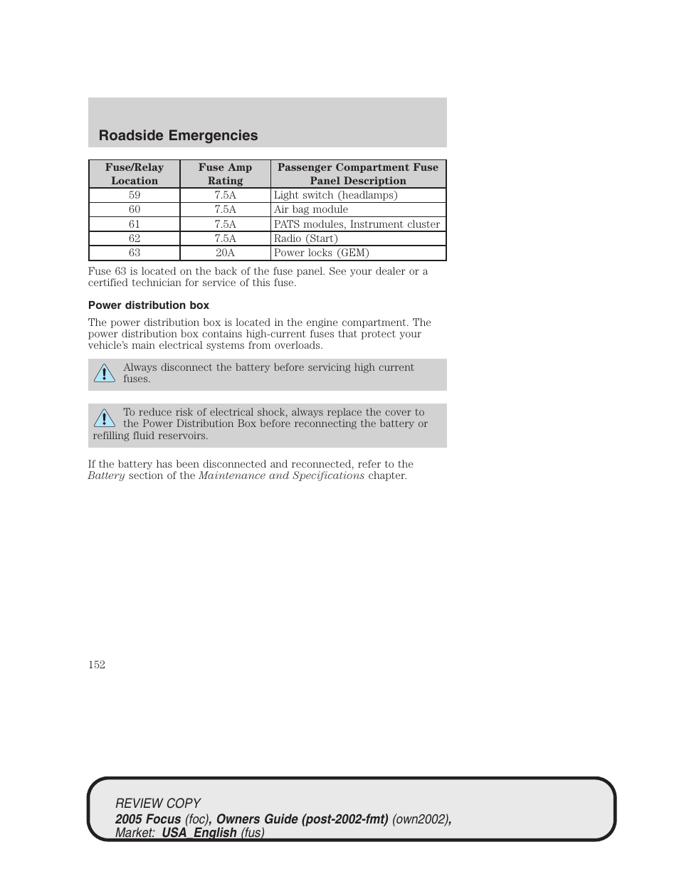 Roadside emergencies | FORD 2005 Focus v.2 User Manual | Page 152 / 224
