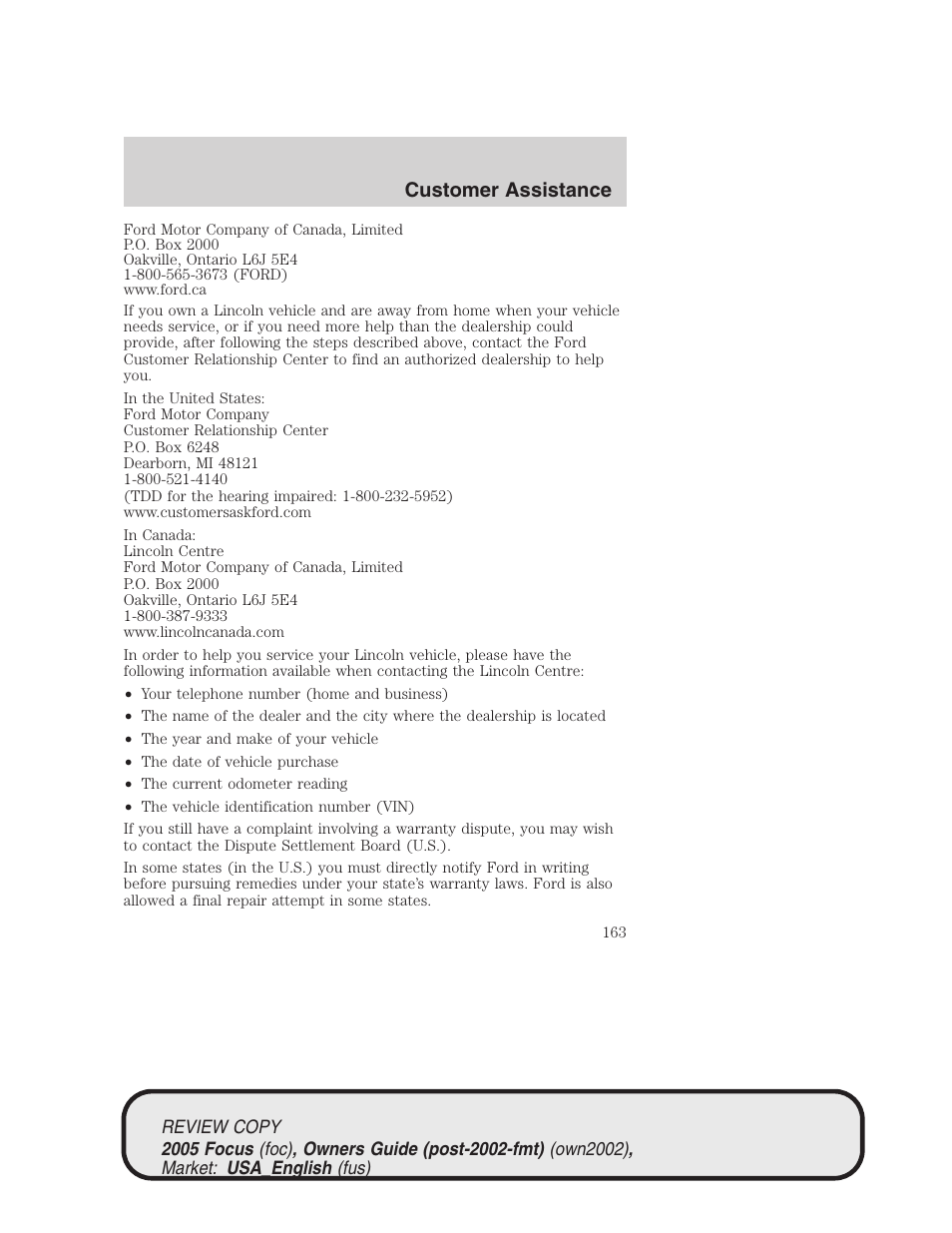 Customer assistance | FORD 2005 Focus v.2 User Manual | Page 163 / 224