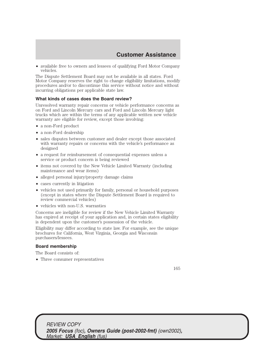 Customer assistance | FORD 2005 Focus v.2 User Manual | Page 165 / 224