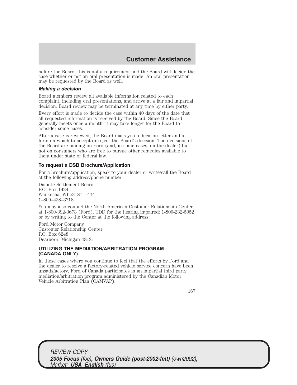 Customer assistance | FORD 2005 Focus v.2 User Manual | Page 167 / 224