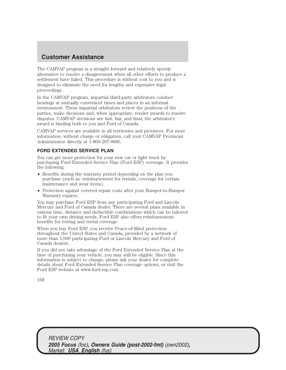 Customer assistance | FORD 2005 Focus v.2 User Manual | Page 168 / 224