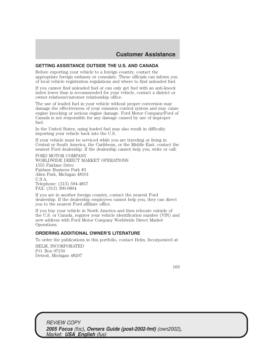 Customer assistance | FORD 2005 Focus v.2 User Manual | Page 169 / 224